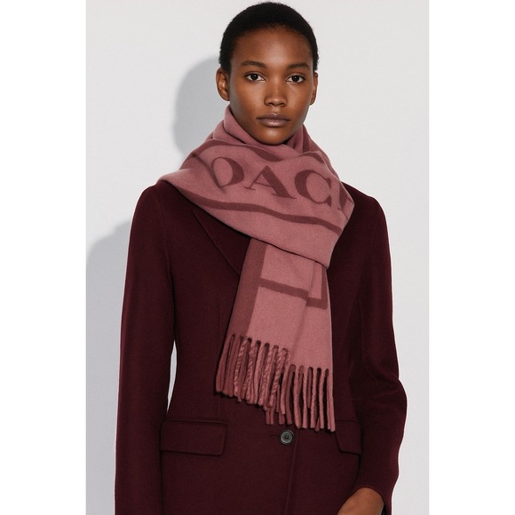Coach Accessories - NWT Coach Wool Varsity Stripe Oversized Muffler Scarf F76388 Wine Pink Fringe